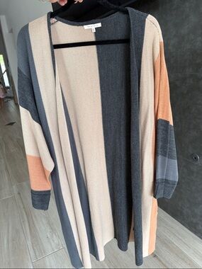 Open-Front Colorblock Long Cardigan - Beige, Charcoal & Peach